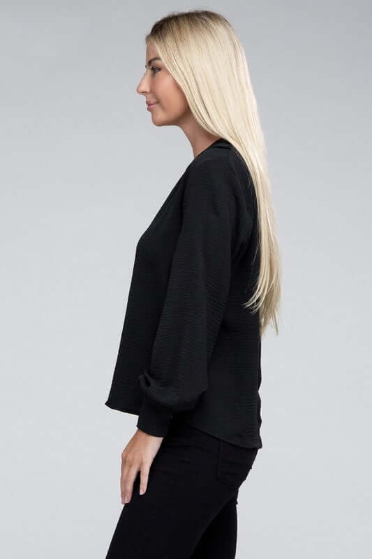 Woven Airflow V-Neck Long Sleeve Top, ZENANA, $ 26.95