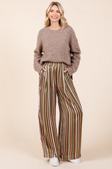 Mauve Brown Striped Satin Elastic Waist Wide Leg Pants