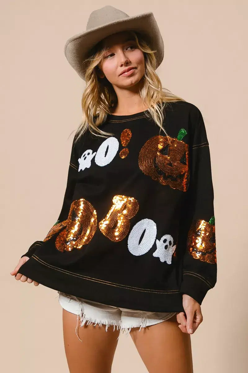 Black Halloween Sequin Embroidery Sweatshirt, Sweatshirts, $ 62.00, A Moment Of Now™
