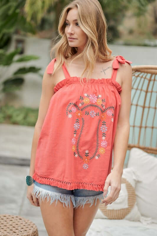 Embroidered Sleeveless Ruffle Tank Top, Davi & Dani, $ 53.95