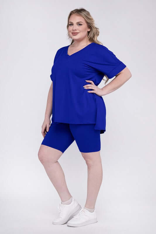 Plus Size Brushed DTY V Neck Top & Biker Shorts Set, ZENANA, A Moment Of Now