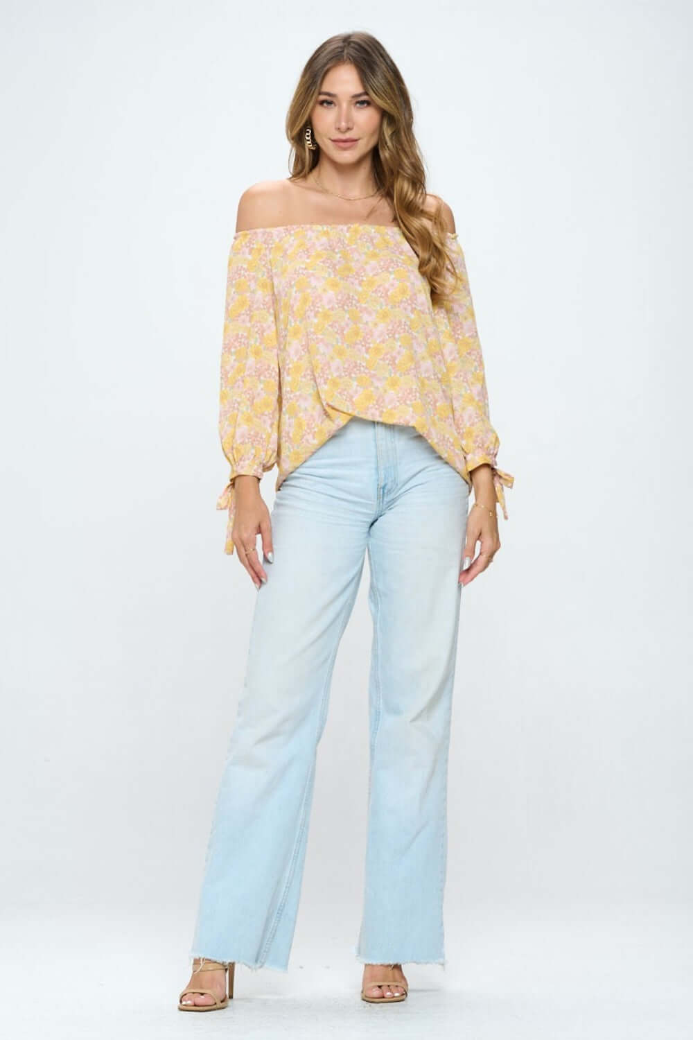 Yellow Floral Print Off-Shoulder Long Sleeve Blouse