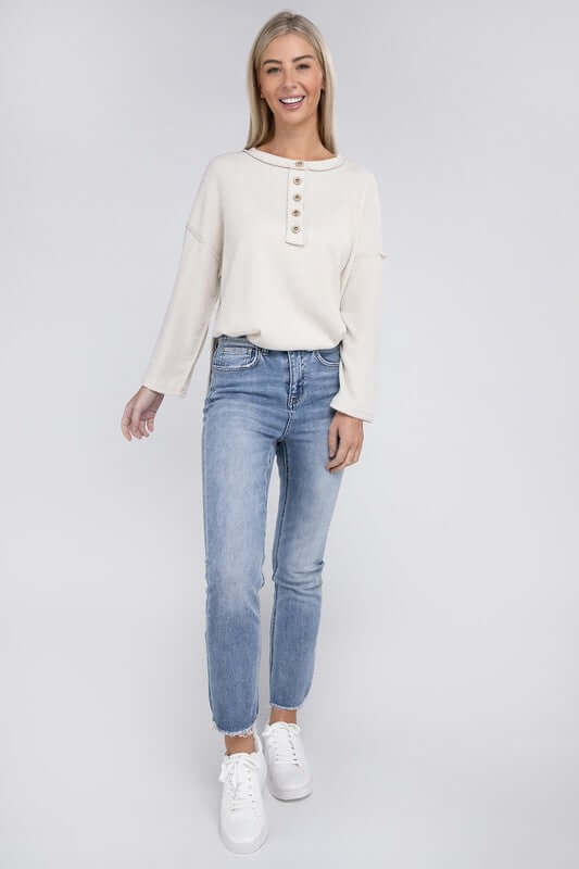 Ribbed Brushed Melange Hacci Henley Sweater, ZENANA, $ 29.00