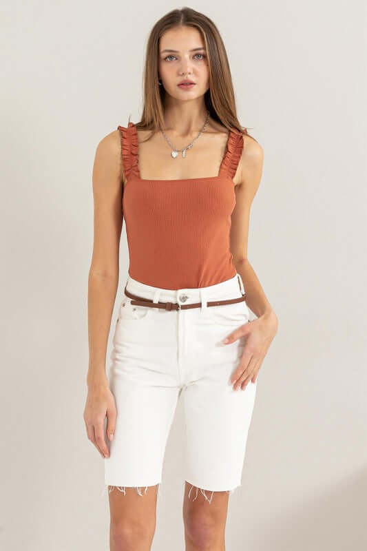 Ribbed Ruffle Strap Bodysuit, HYFVE, $ 31.95