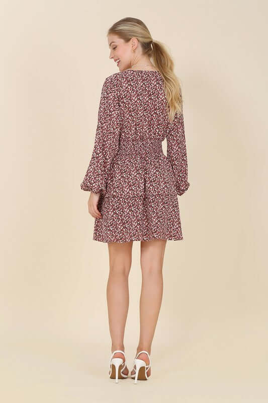 Burgundy Floral Babydoll Long Sleeve Mini Dress, Lilou, $ 43.95