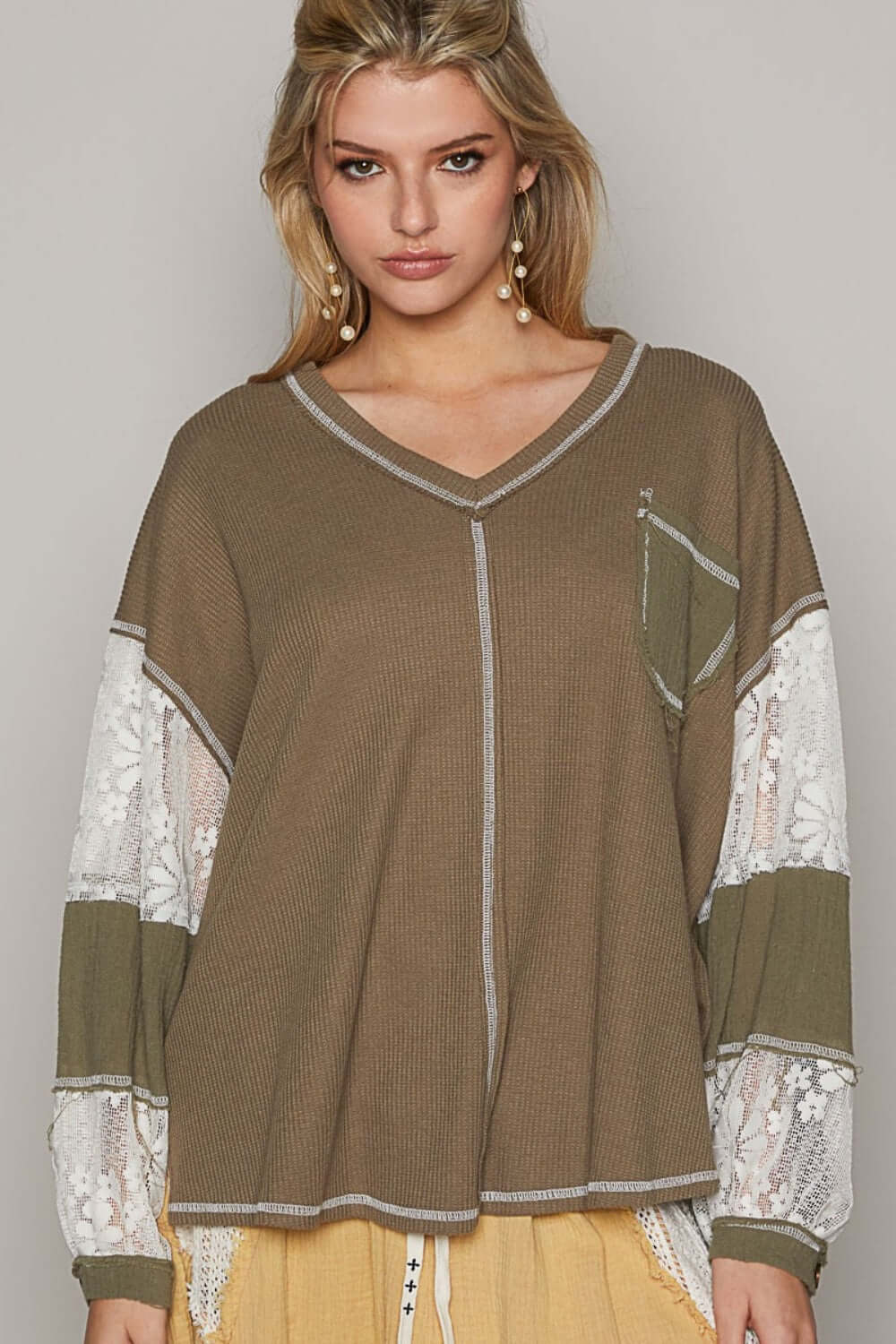 Olive Green V-Neck Long Lace Balloon Sleeve Exposed Seam Top, POL, $ 59.00