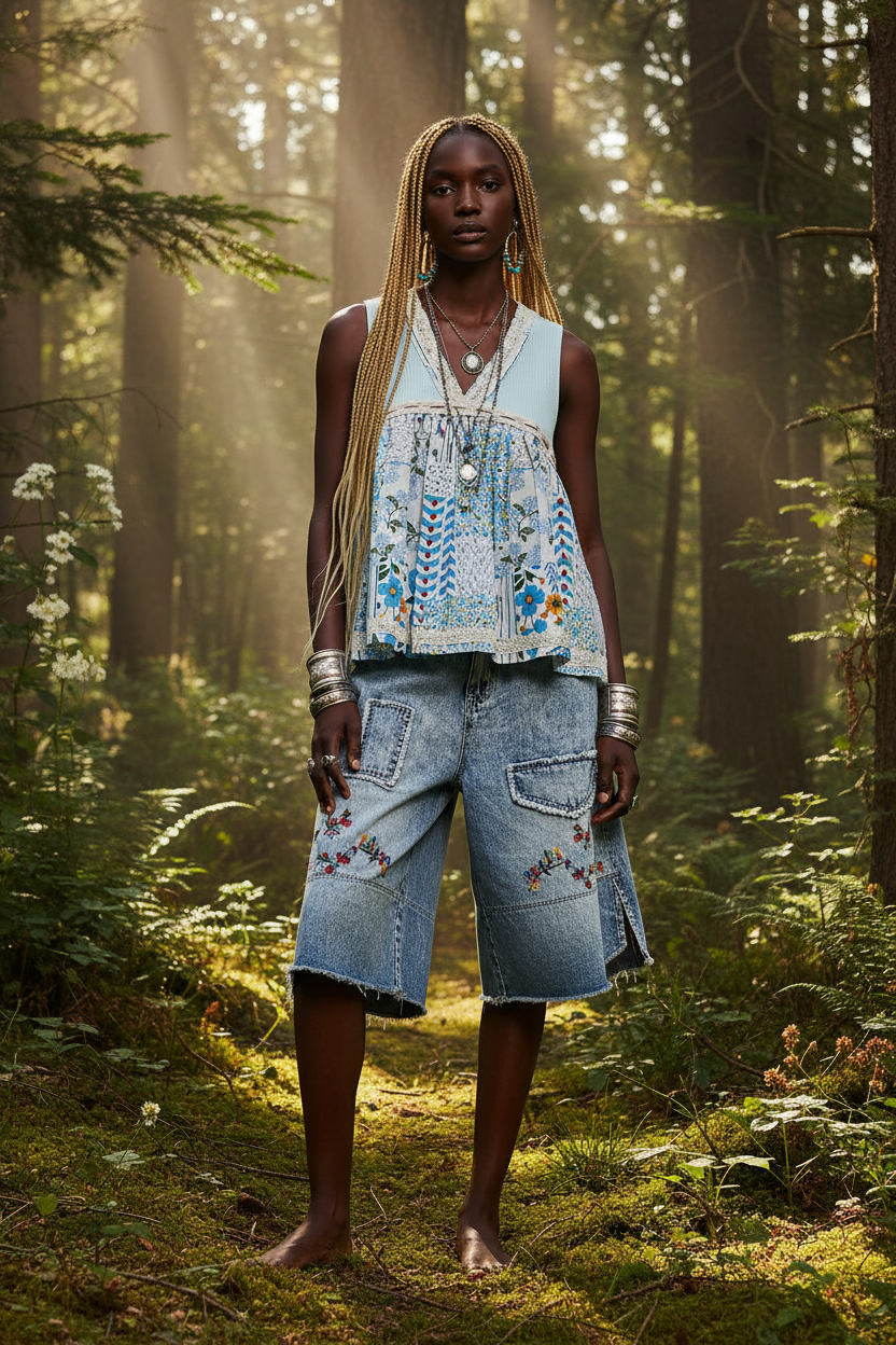 Blue Floral V-Neck Sheer Tank with Lace Trim