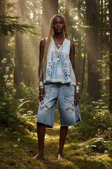 Blue Floral V-Neck Sheer Tank with Lace Trim