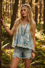 Blue Floral V-Neck Sheer Tank with Lace Trim