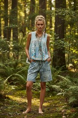 Blue Floral V-Neck Sheer Tank with Lace Trim