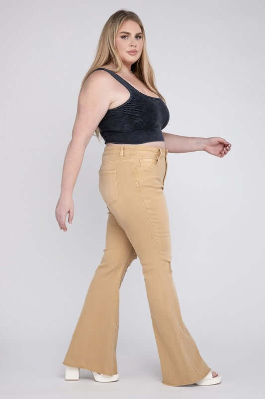 Plus Size Sand High Rise Distressed  Flare Jeans