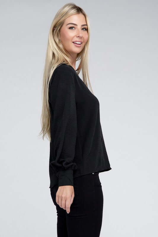 Woven Airflow V-Neck Long Sleeve Top, ZENANA, $ 26.95