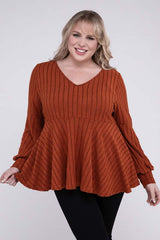 Plus Size Brown Red V Neck Tee With Ruffled Hem, Nuvi Apparel, $ 38.95