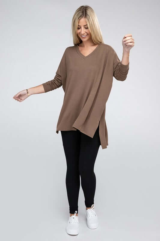 Dolman Long Sleeve V-Neck Side Slit Hi-Low Hem Top, ZENANA, $ 19.00