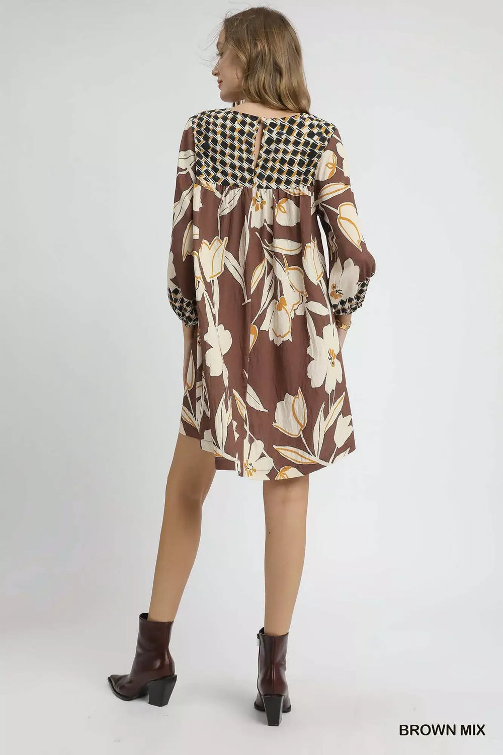 Brown Mix Floral High-Low Babydoll Dress | Elegance & Comfort, Dresses, $ 55.00, A Moment Of Now™