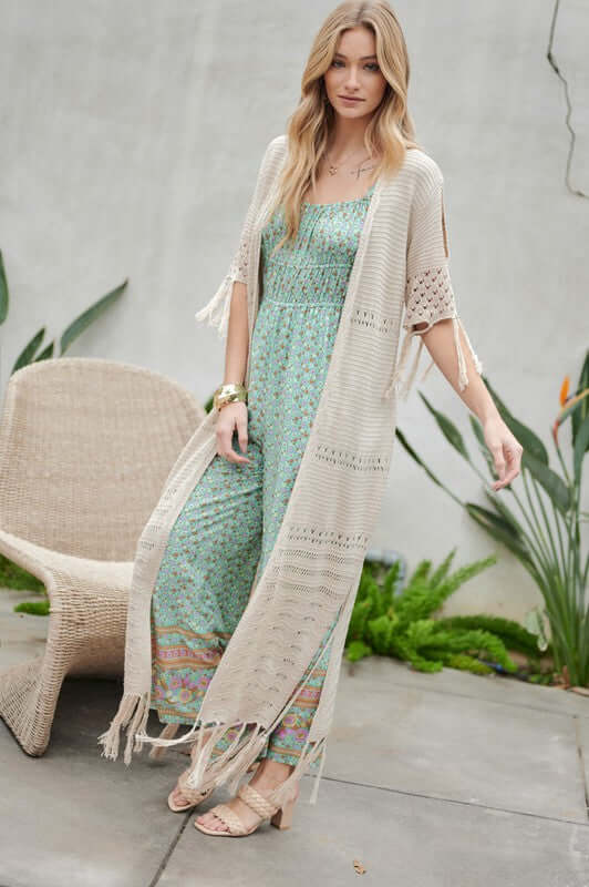 Women's 3/4 Sleeve Solid Long Cardigan With Fringe | USA Boutique, Davi & Dani, $ 59.00