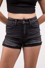 Washed Black Cuffed Raw Hem Denim Shorts, ZENANA, $ 43.95