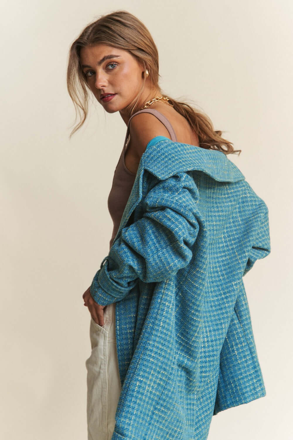 Emerald Sea Teal Tweed Double-Breasted Coat for Elegance, Coats, $ 69.00, A Moment Of Now™