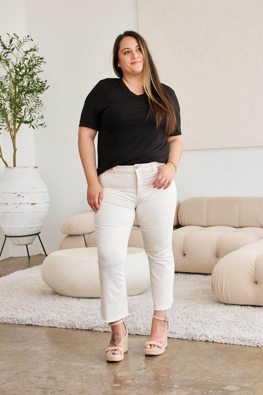 Off White Mini Mia Tummy Control High Waist Raw Hem Jeans, jeans, $ 59.00, A Moment Of Now™