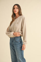 Taupe Round Neck Letter Embroidery Crop Sweatshirt