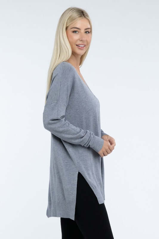 Women's Hi-Low Hem V Neck Front Seam Sweater | USA Boutique, ZENANA, $ 55.00