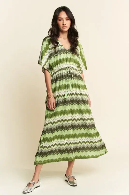 Sage Green Wavy Pattern Tie Waist Dress - Flowy Elegance, Dresses, $ 55.00, A Moment Of Now™
