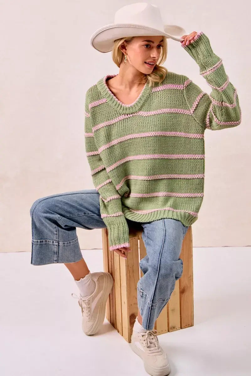 Sage Green Striped Long Sleeve Sweater - Cozy & Stylish, Sweaters, $ 56.00, A Moment Of Now™