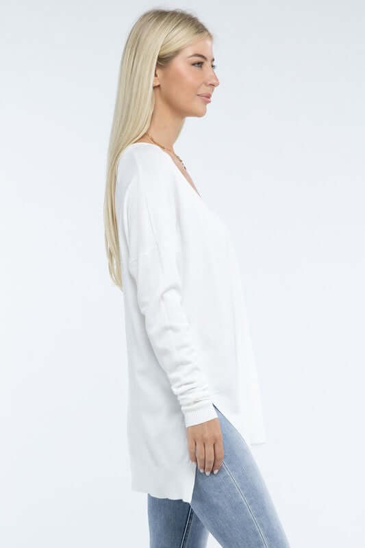 Women's Hi-Low Hem V Neck Front Seam Sweater | USA Boutique, ZENANA, $ 55.00