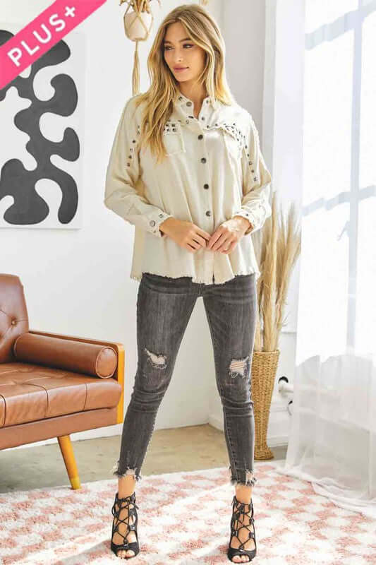 Plus Distressed hem button down oversize shirt, Davi & Dani, $ 69.00