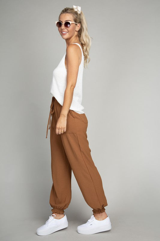 Brown Crinkled Jogger Pants with Pockets