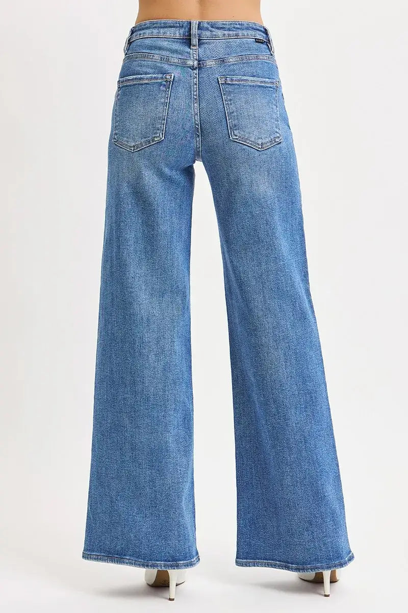 Medium Blue High Rise Wide Leg Jeans Plus Size - Stylish Comfort, Jeans, $ 75.00, A Moment Of Now™