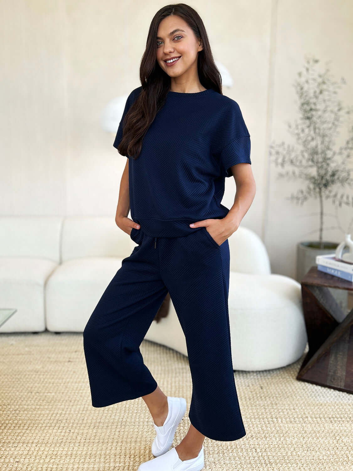 Texture Short Sleeve Top and Pants Set Loungewear, Double Take, A Moment Of Now