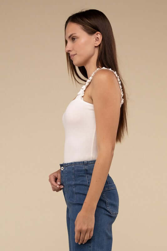 Ribbed Ruffle Strap Bodysuit, HYFVE, $ 31.95