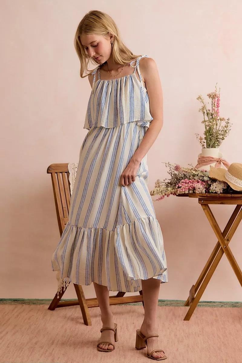 Stripe Tiered Shoulder Tie Midi Lined Dress | Boutique In USA, Dresses, $ 59.00, A Moment Of Now™