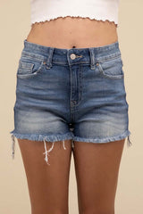 Medium Blue Mid Rise Raw Frayed Hem Denim Shorts, ZENANA, $ 45.00