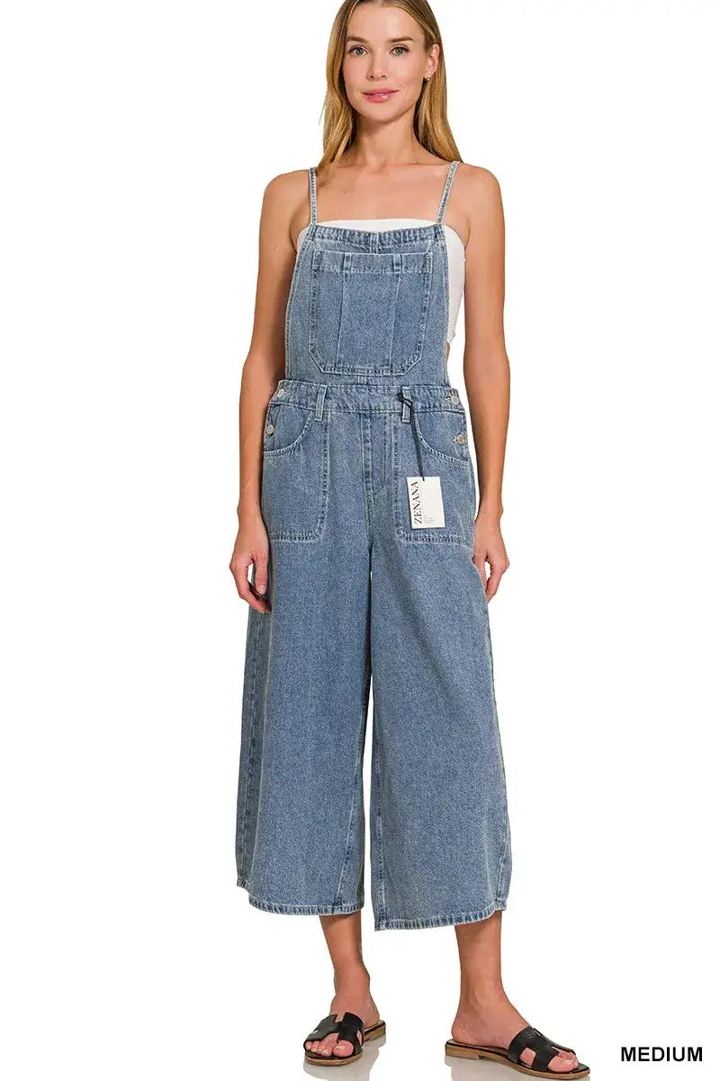 Stylish Denim Medium Washed Wide Leg Overalls, Overalls, $ 59.00, A Moment Of Now™
