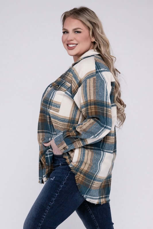 Plus Size Yarn Dyed Plaid Shirt Jacket Shacket