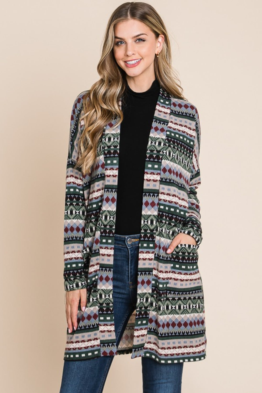 Boho Green Open Front Long Sleeve Cardigan with Pockets