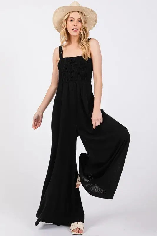 Black Smocked Flowy Wide Leg Jumpsuit, Jumpsuits, $ 49.00, A Moment Of Now™
