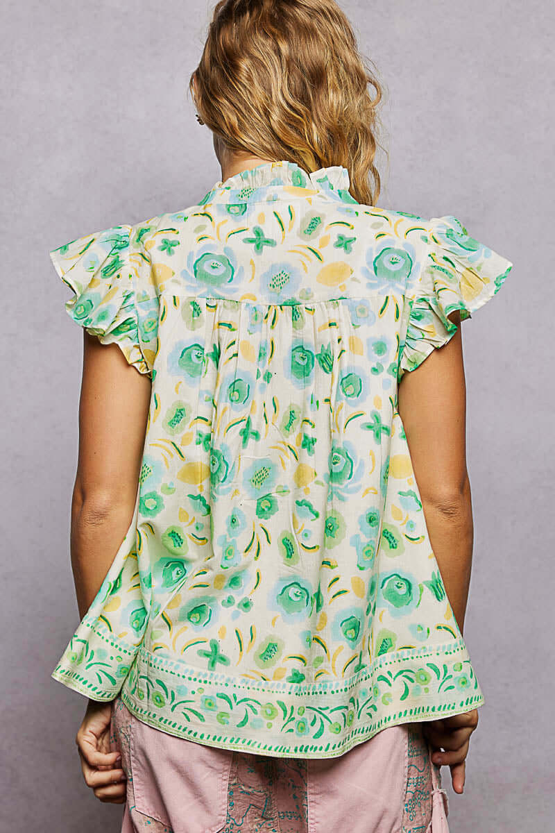 Mint Green Floral Flutter Sleeve Blouse | Tassel Tie Neck, Blouses, $ 60.00, A Moment Of Now™