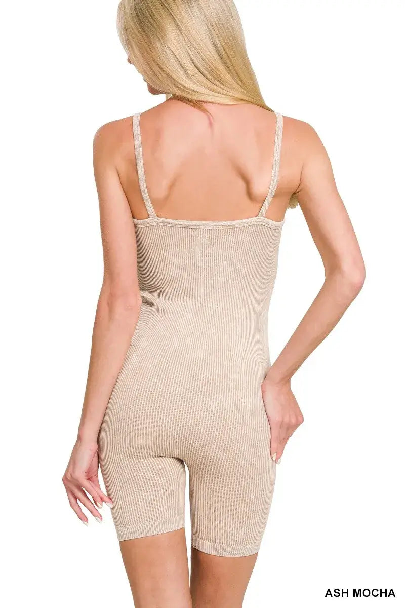 Beige Stone Washed Ribbed Seamless Romper, Rompers, $ 27.00, A Moment Of Now™