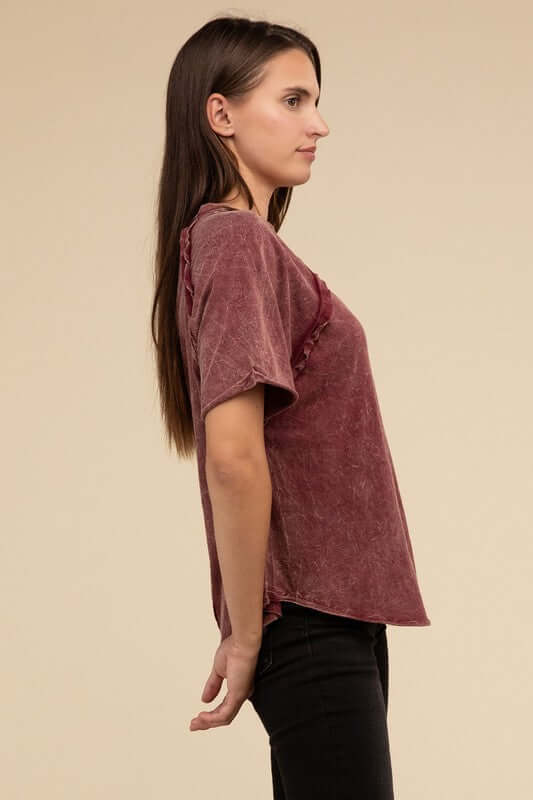 Back Patch Crinkle Washed Raglan Sleeve T-Shirt, ZENANA, A Moment Of Now