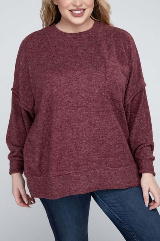 Plus Size Brushed Melange Drop Shoulder Sweater, ZENANA, $ 28.95