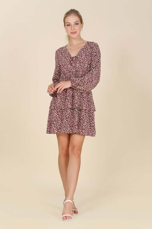 Burgundy Floral Babydoll Long Sleeve Mini Dress, Lilou, $ 43.95