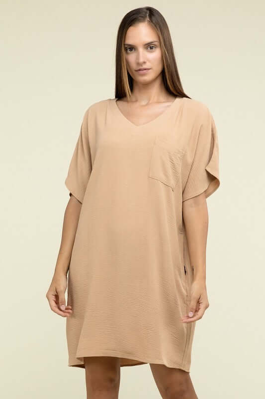 Causal Woven Airflow V Neck T-Shirt Dress with Pockets, ZENANA, A Moment Of Now