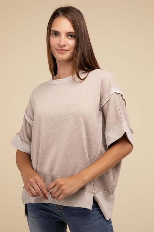 Contrast Trim Top Stitching Drop Shoulder Top, ZENANA, $ 35.95