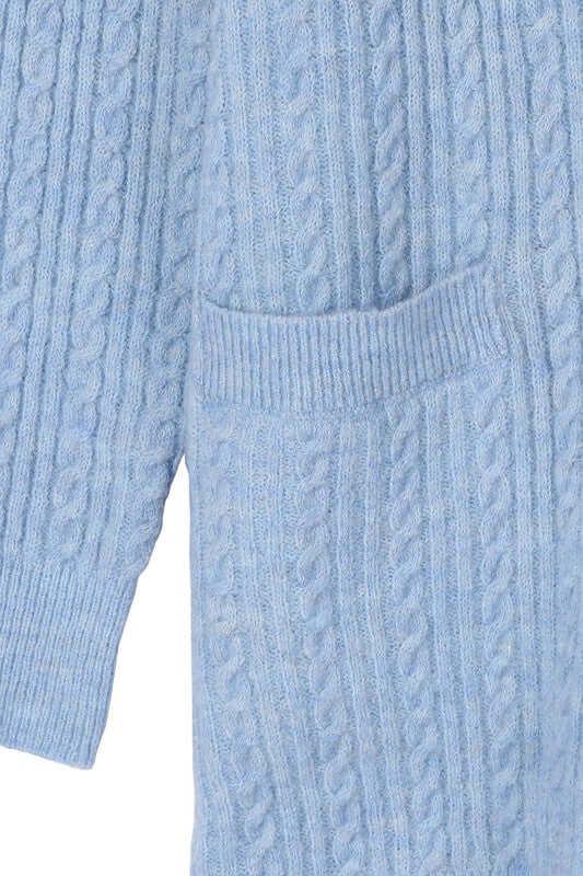 Light Blue Wool Blended Cable Knitted Cardigan