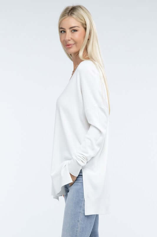 Women's Hi-Low Hem V Neck Front Seam Sweater | USA Boutique, ZENANA, $ 55.00