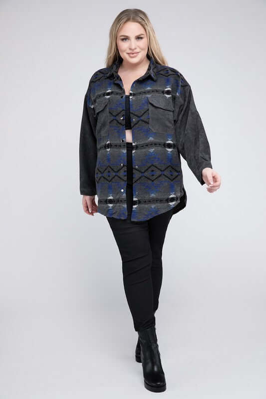 Women's Plus Size Printed Button Down Long Sleeve Jacket USA Boutique, Davi & Dani, $ 55.00