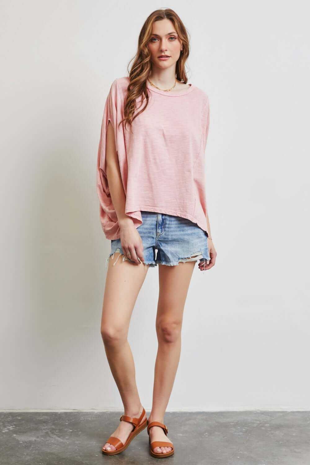 Pink Garment-Dyed Boat Neck Oversized Top